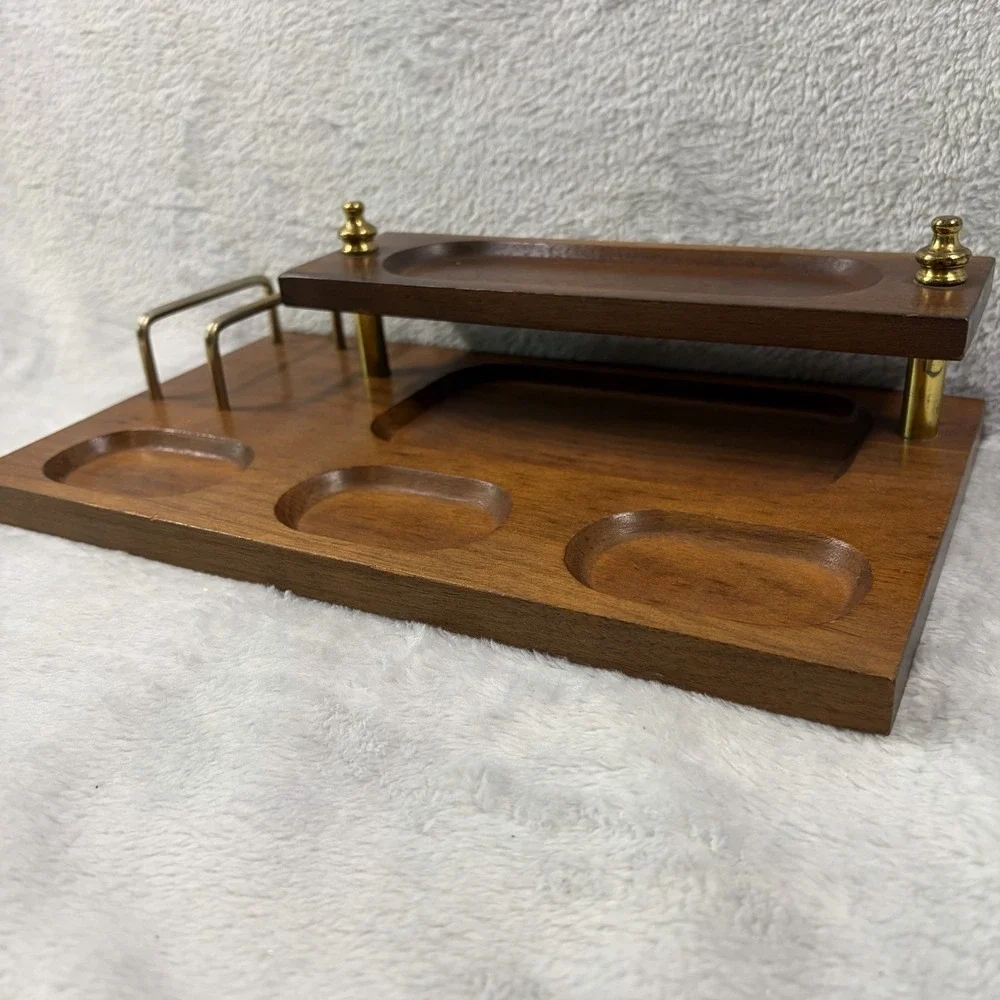 Vintage Two Tier Wood Dresser Valet Brass Legs Coin Tray Watch Holder Caddy